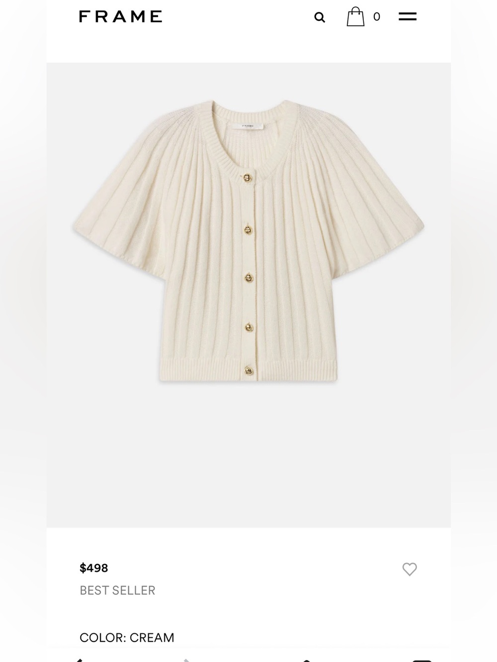 FRAME The Flutter Wool & Cashmere Short Sleeve Cardigan in cream M